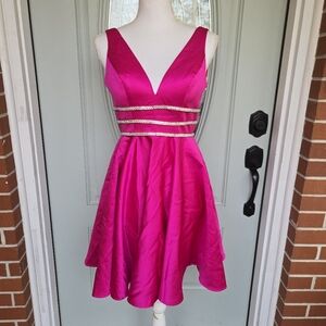 Jules and Cleo Embellished Waist Plunge Neck Mini A-Line Dress Begonia